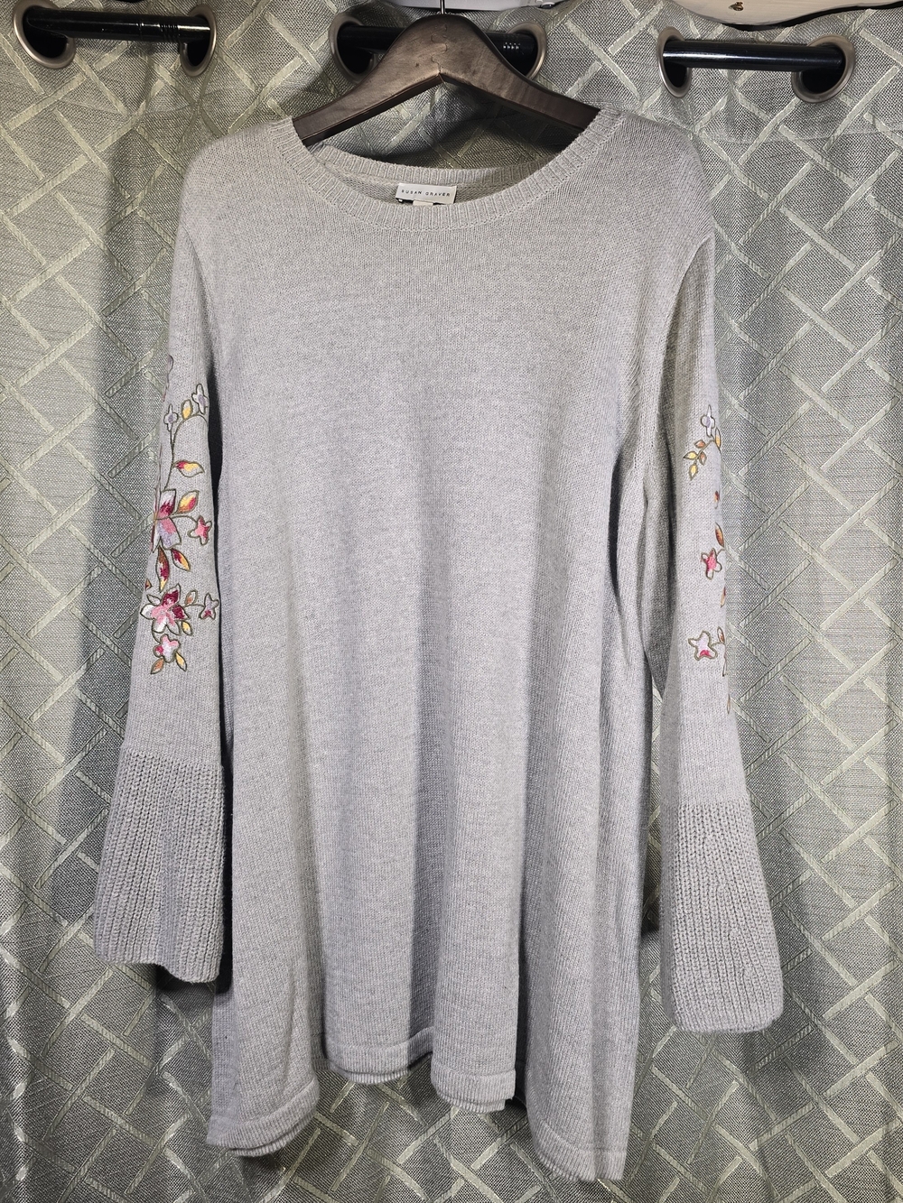 Susan Graver  Light Gray Knit Tunic Sweater with Pink & Yellow Floral Embroidery